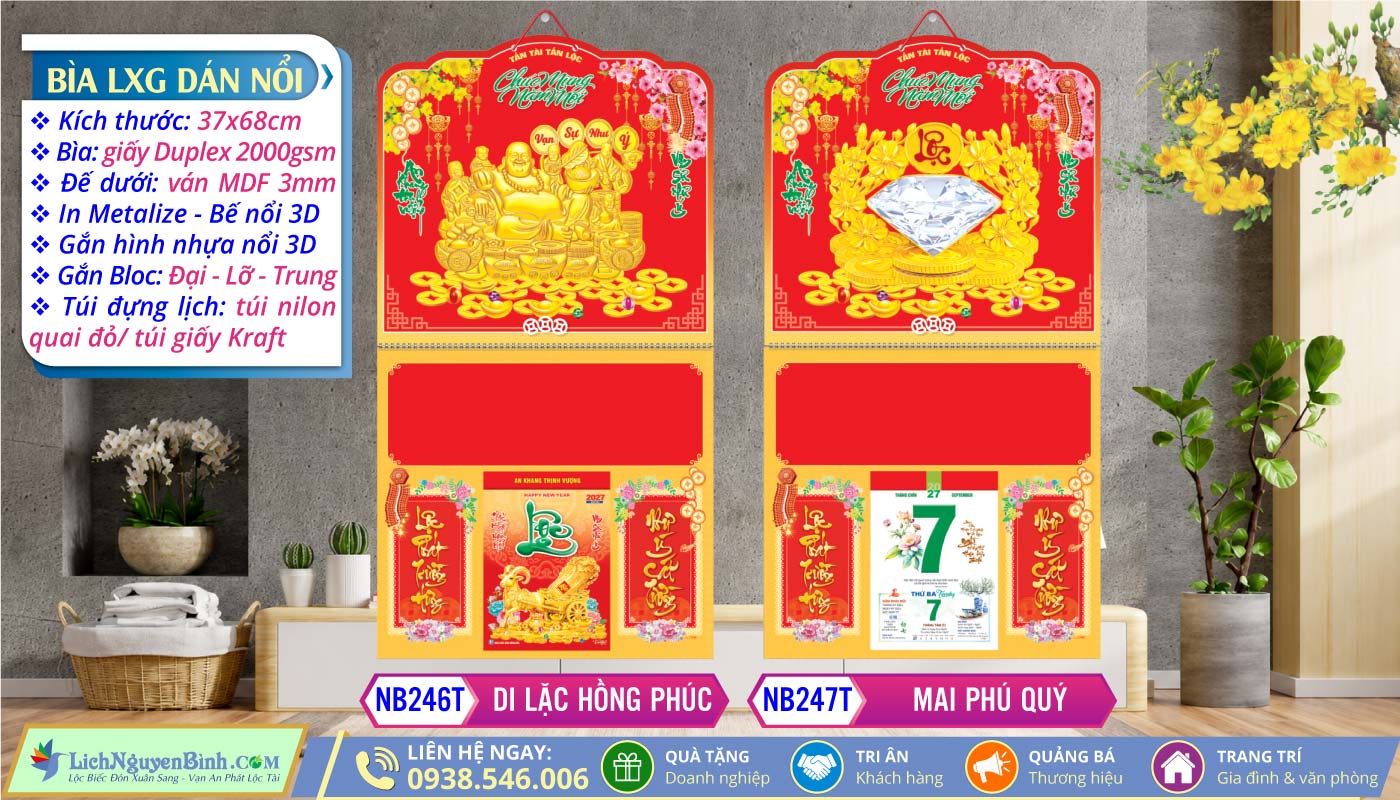 Bìa Lò Xo Giữa Dán Nổi - NB246T - Di Lặc Hồng Phúc + NB247T - Mai Phú Quý