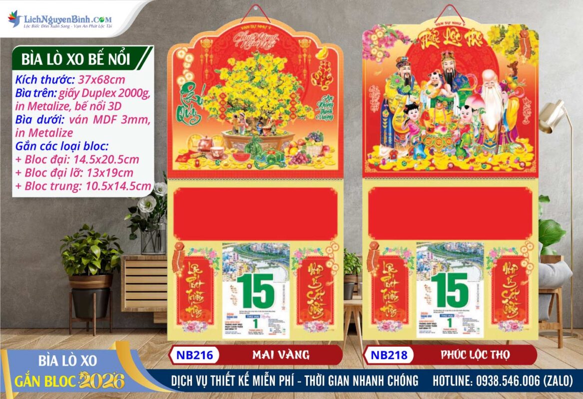 Bìa Lò Xo (37x68cm) Bế Nổi - NB216 - Mai Vàng + NB217 - Phúc Lộc Thọ