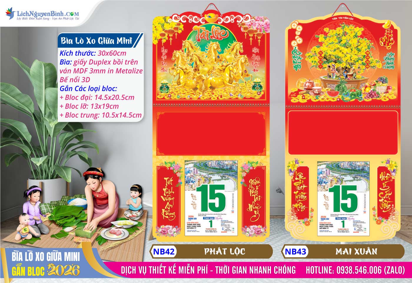 Bìa Lò Xo Giữa Mini (30x60cm) Bế Nổi - Mã Số: NB42 - Phát Lộc + NB43 - Mai Xuân