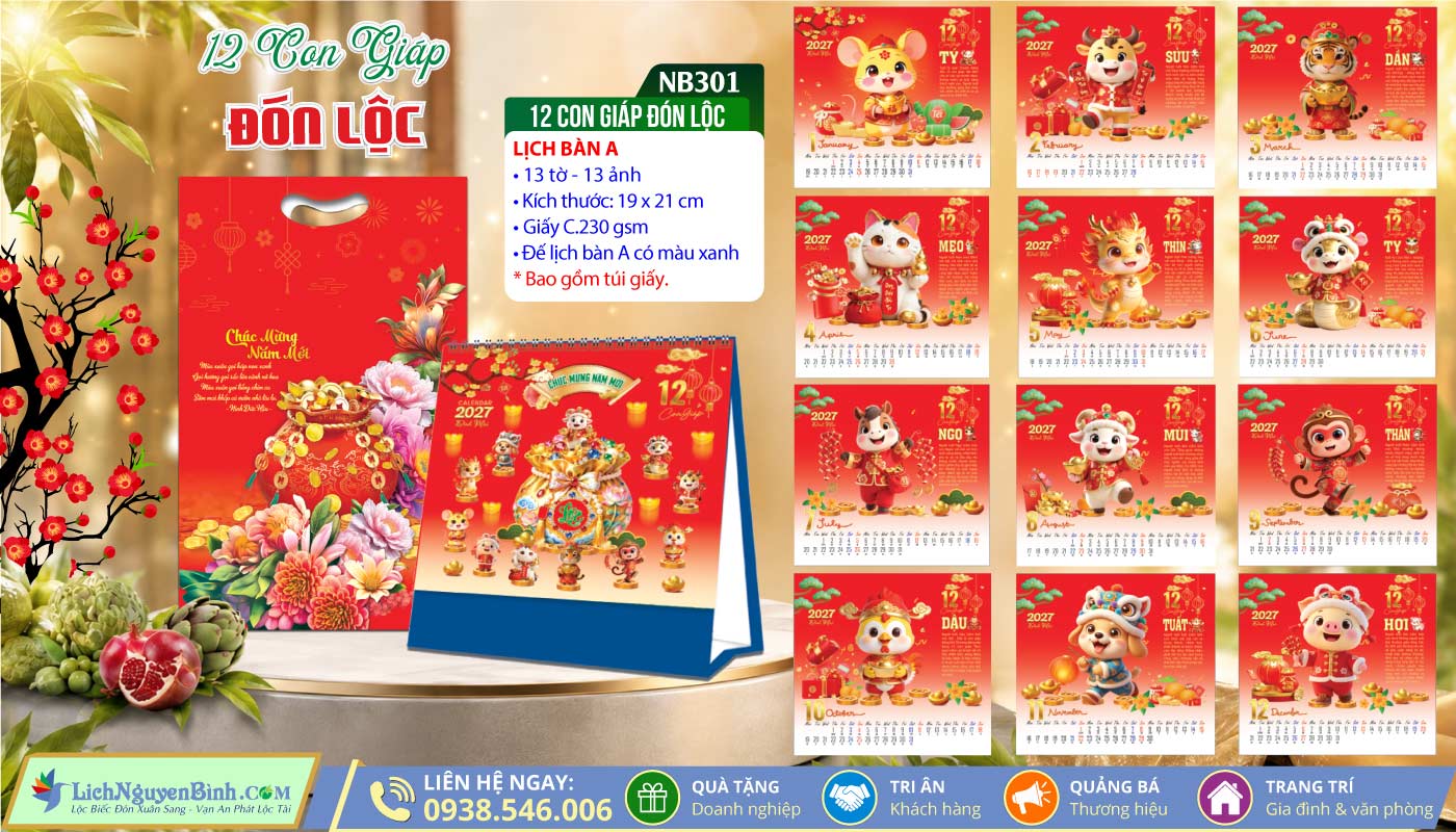 Lịch Để Bàn (19x21cm) - NB301 - 12 Con Giáp Đón Lộc
