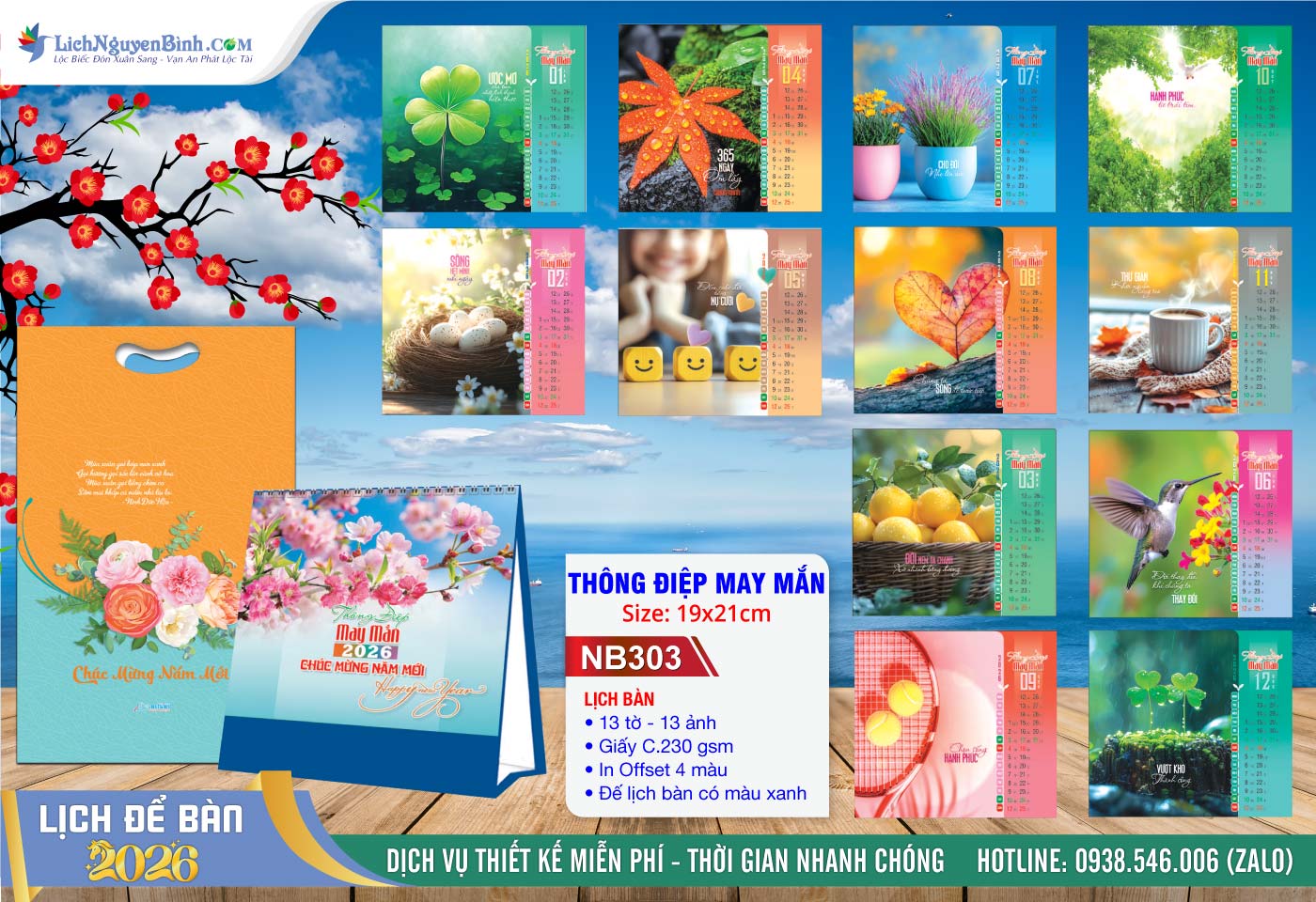 Lịch Để Bàn A (19x21cm) - Mã Số: NB303 - Thông Điệp May Mắn