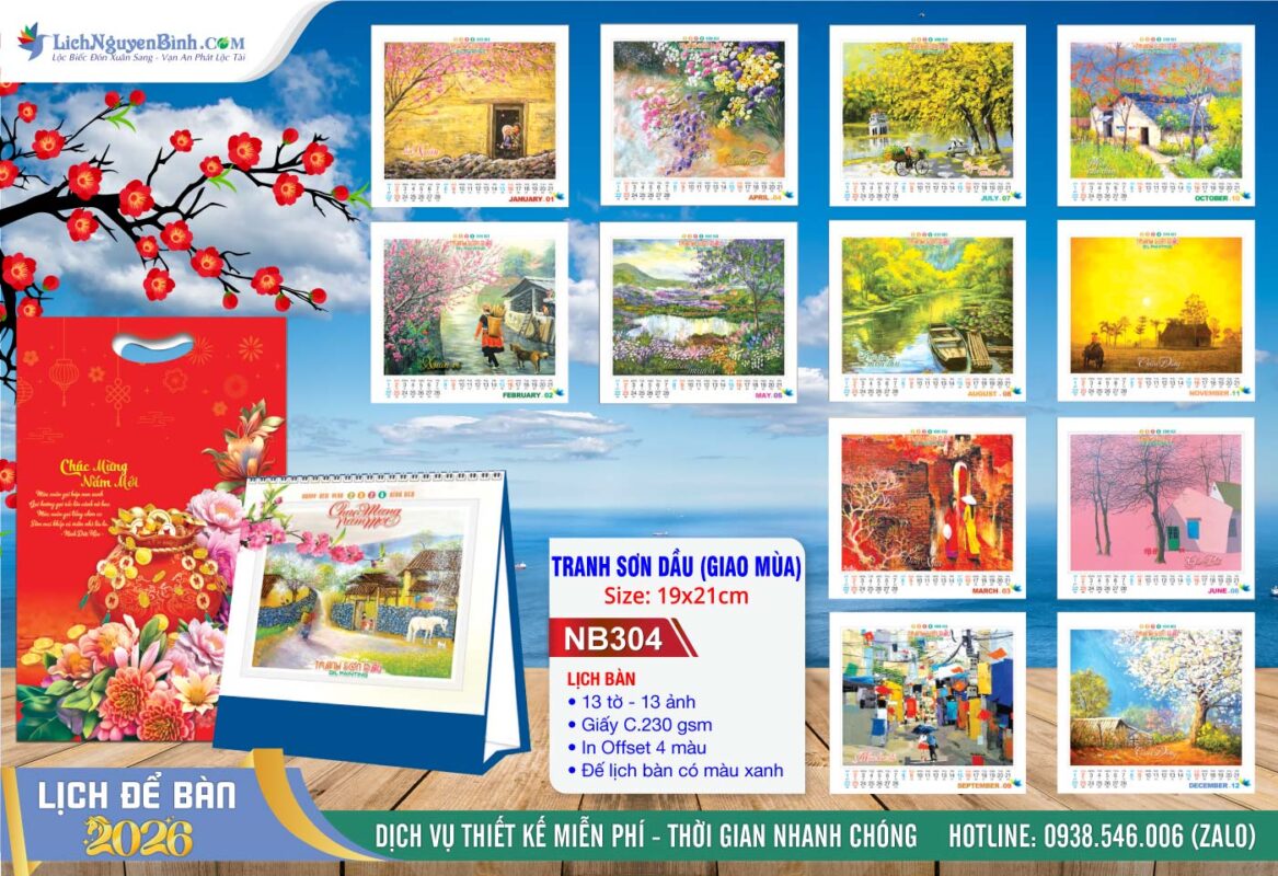 Lịch Để Bàn A (19x21cm) - Mã Số: NB304 - Tranh Sơn Dầu (Giao Mùa)