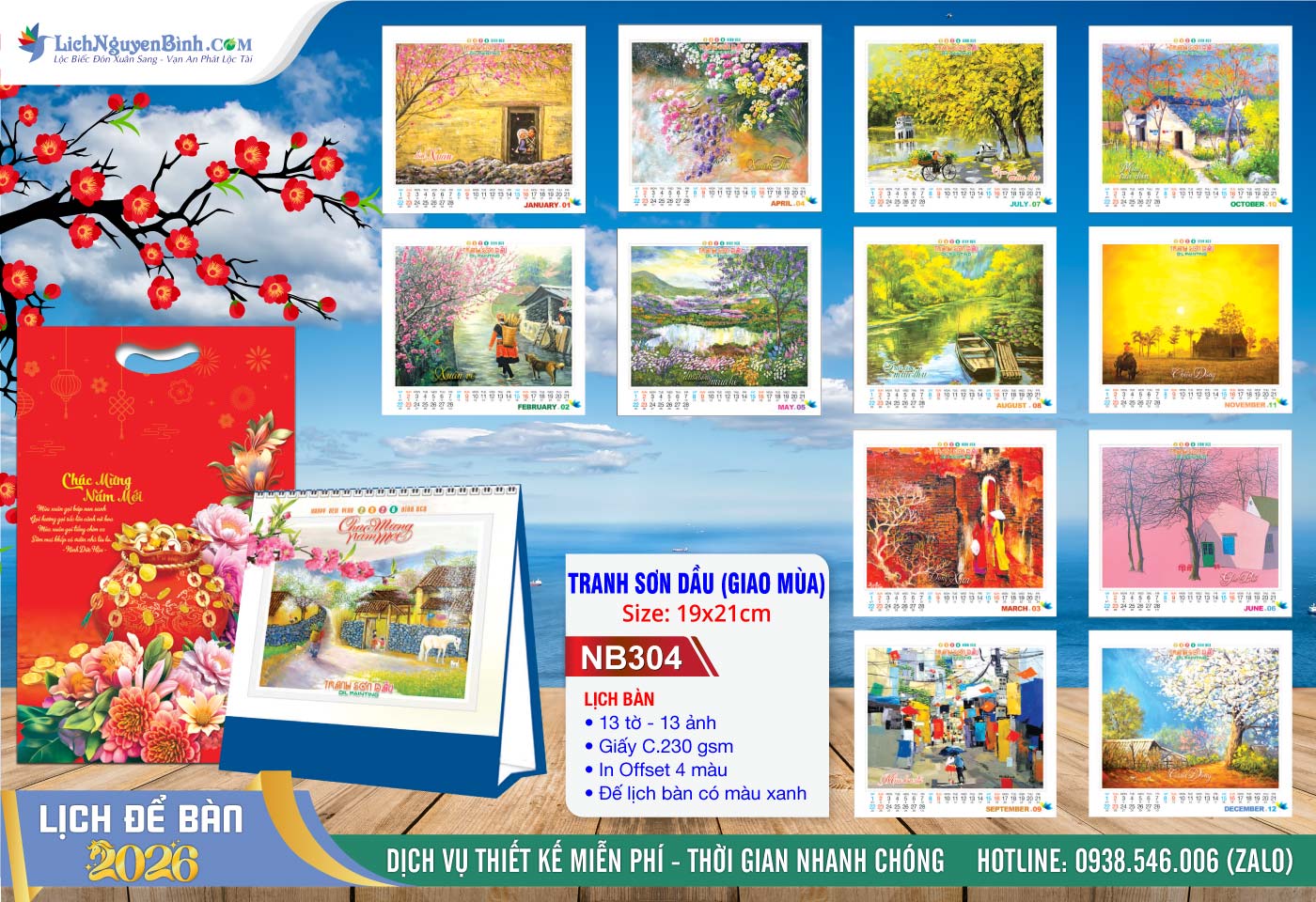 Lịch Để Bàn A (19x21cm) - Mã Số: NB304 - Tranh Sơn Dầu (Giao Mùa)