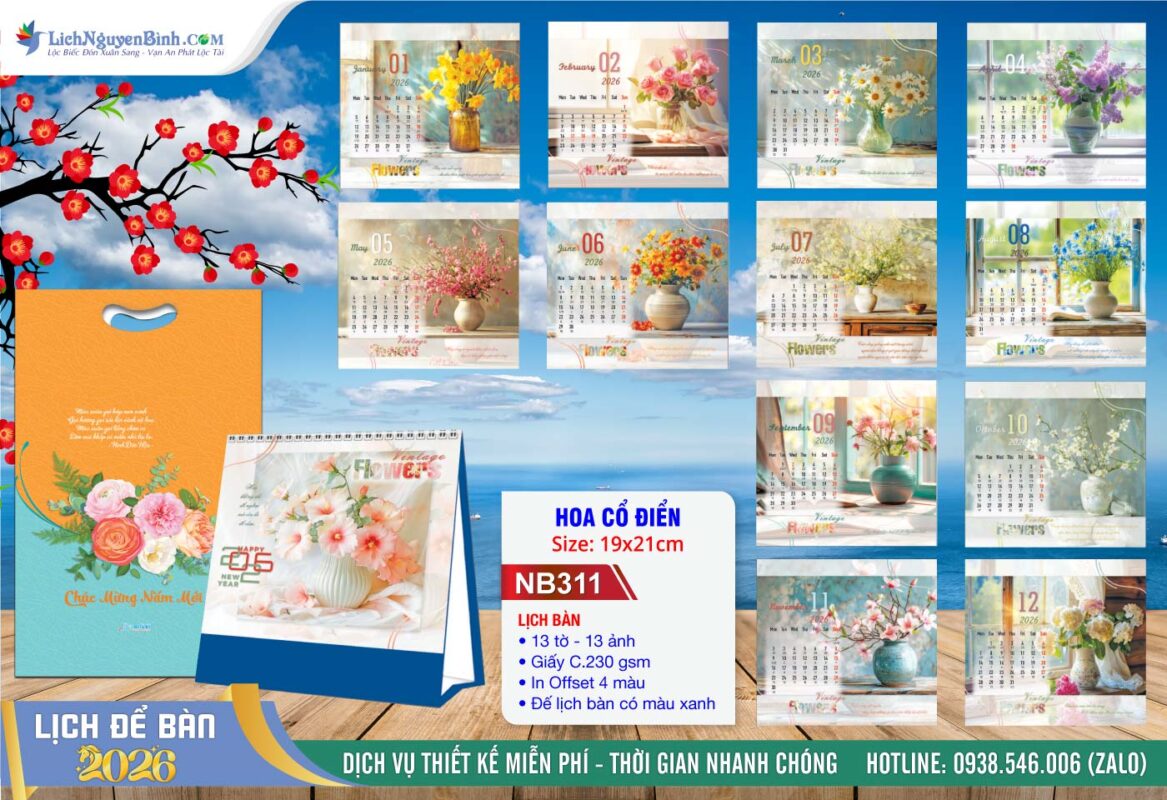 Lịch Để Bàn A (19x21cm) - Mã Số: NB311 - Hoa Cổ Điển