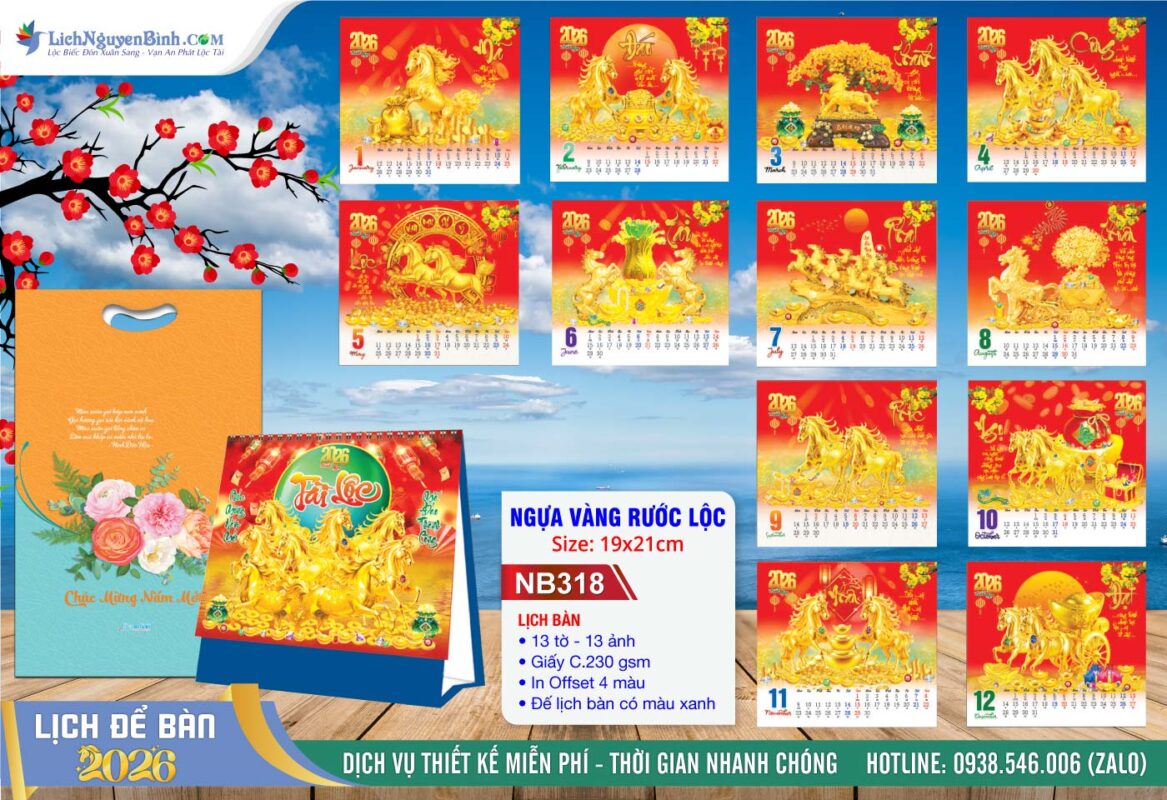 Lịch Để Bàn A (19x21cm) - Mã Số: NB318 - Ngựa Vàng Rước Lộc