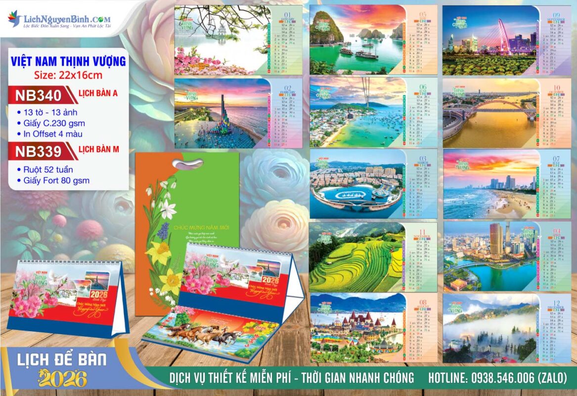 Lịch Để Bàn A & M (22x16cm) - Mã Số: NB339 - Việt Nam Thịnh Vượng