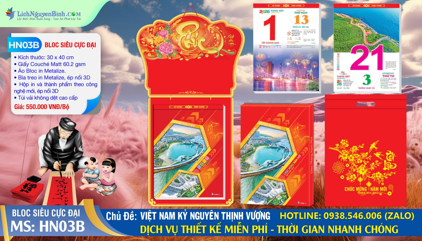 Bloc Siêu Cực Đại (30x40cm) | Mã Số: HN03B - Việt Nam Kỷ Nguyên Thịnh Vượng (Đầu Treo Chữ Phúc)