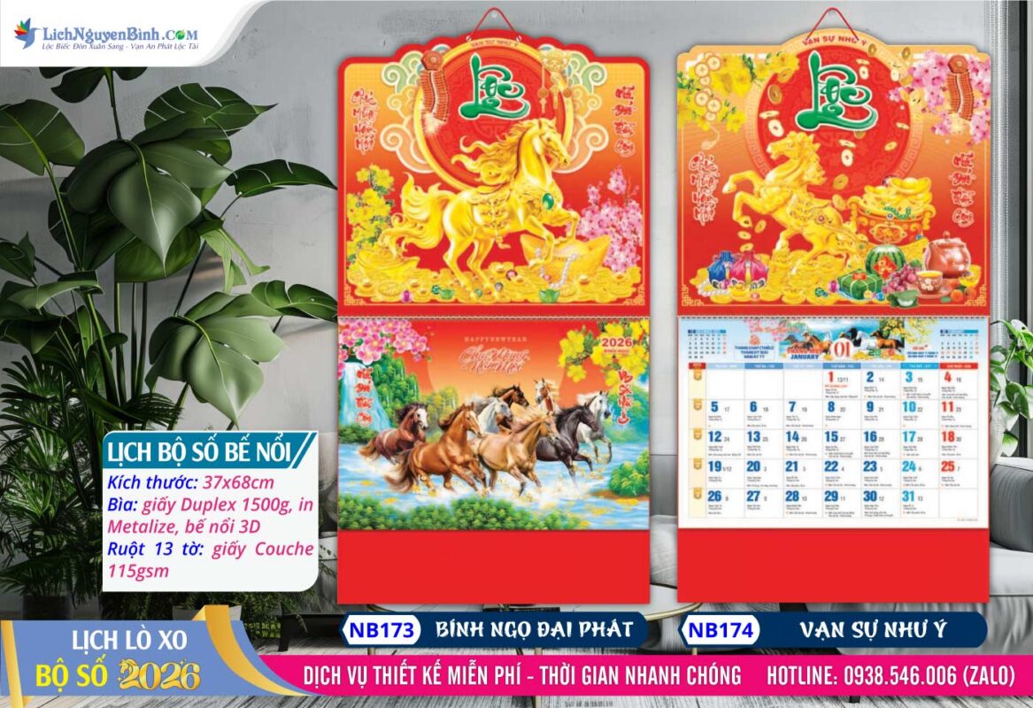 Lịch Bộ Số (37x68cm) Bế Nổi - Mã Số: NB173 - Bính Ngọ Đại Phát + NB174 - Vạn Sự Như Ý