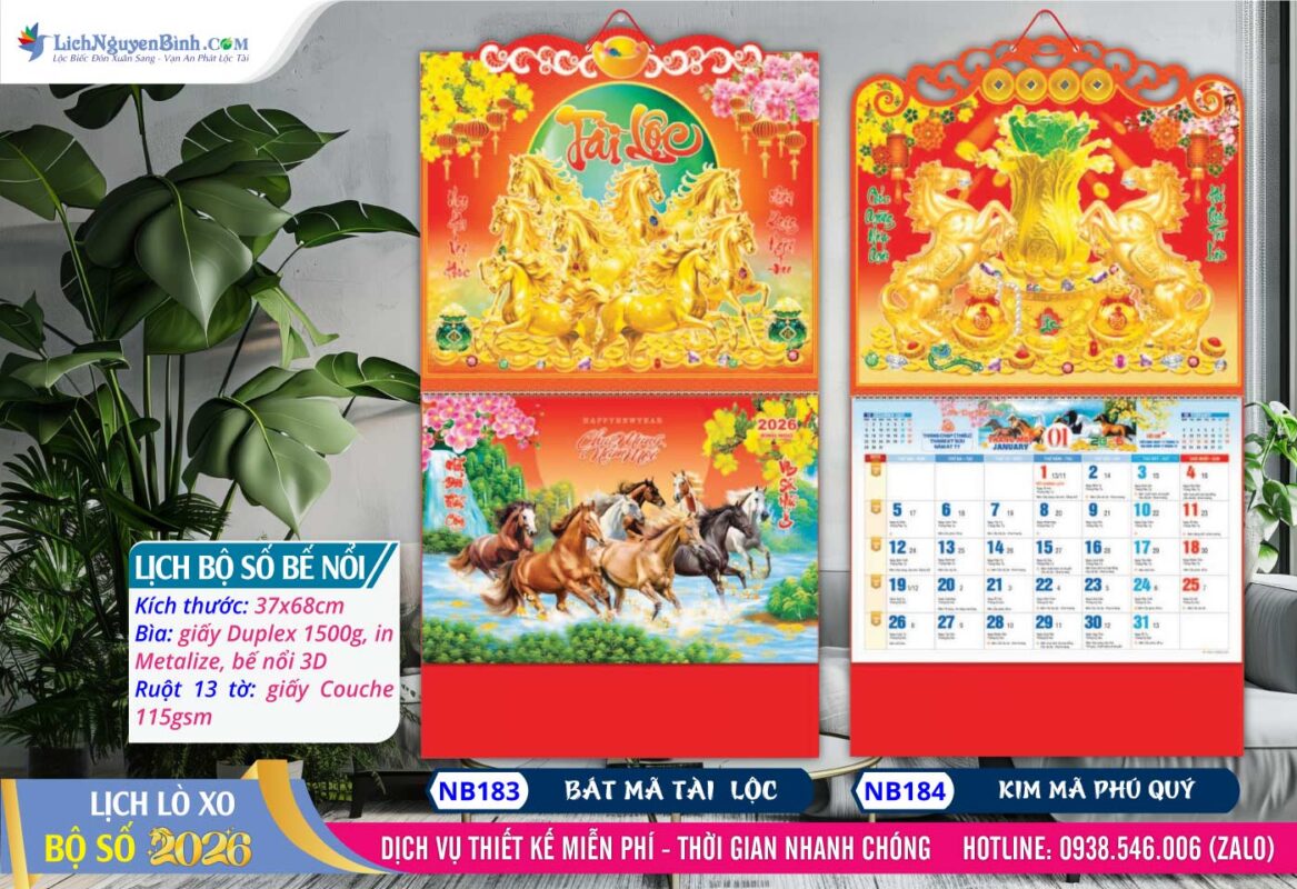 Lịch Bộ Số (37x68cm) Bế Nổi - Mã Số: NB183 - Bát Mã Tài Lộc + NB184 - Kim Mã Phú Quý