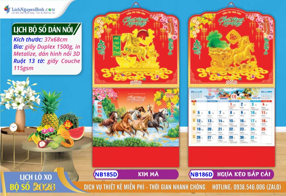 Lịch Bộ Số (37x68cm) Dán Nổi - NB185D - Kim Mã + NB186D - Ngựa Kéo Bắp Cải