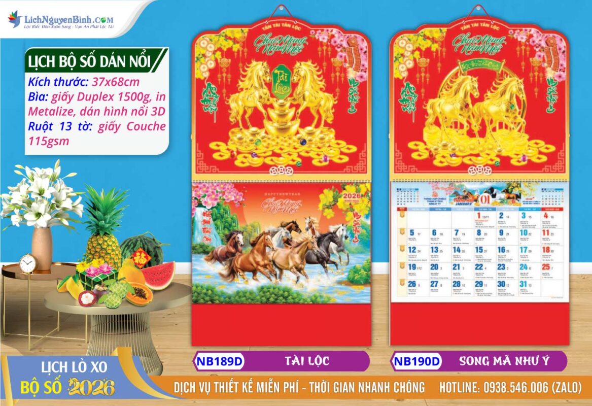 Lịch Bộ Số (37x68cm) Dán Nổi - NB189D - Tài Lộc + NB190D - Song Mã Như Ý