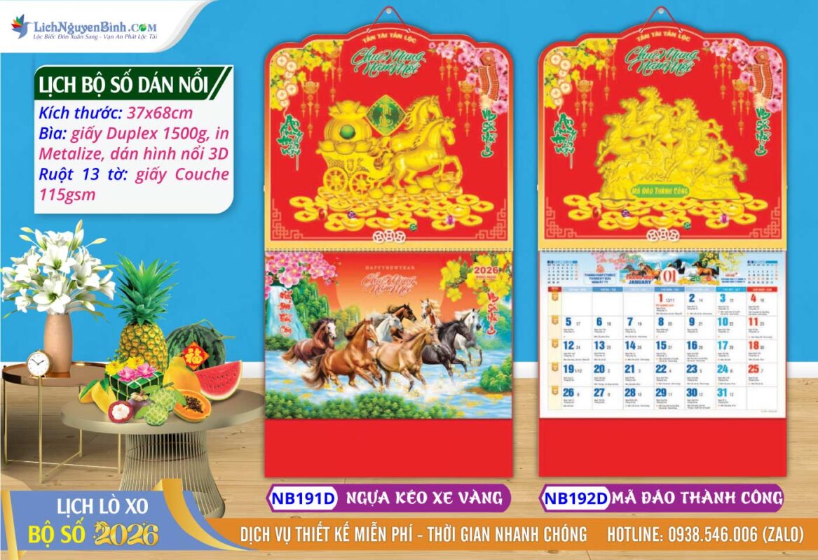 Lịch Bộ Số (37x68cm) Dán Nổi - NB191D - Ngựa Kéo Xe Vàng + NB192D - Mã Đáo Thành Công