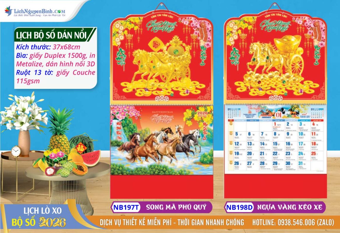 Lịch Bộ Số (37x68cm) Dán Nổi - NB197T - Song Mã Phú Quý + NB198D - Ngựa Vàng Kéo Xe
