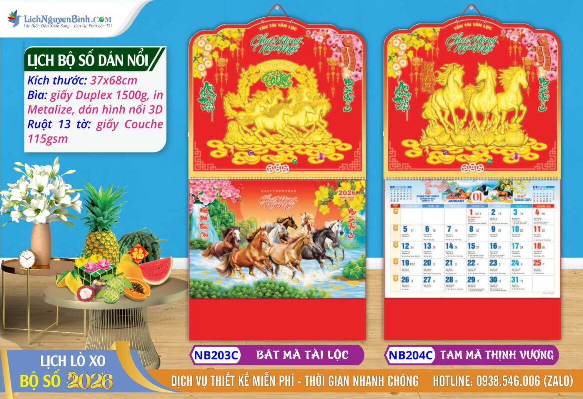 Lịch Bộ Số (37x68cm) Dán Nổi - NB203C - Bát Mã Tài Lộc + NB204C - Tam Mã Thịnh Vượng