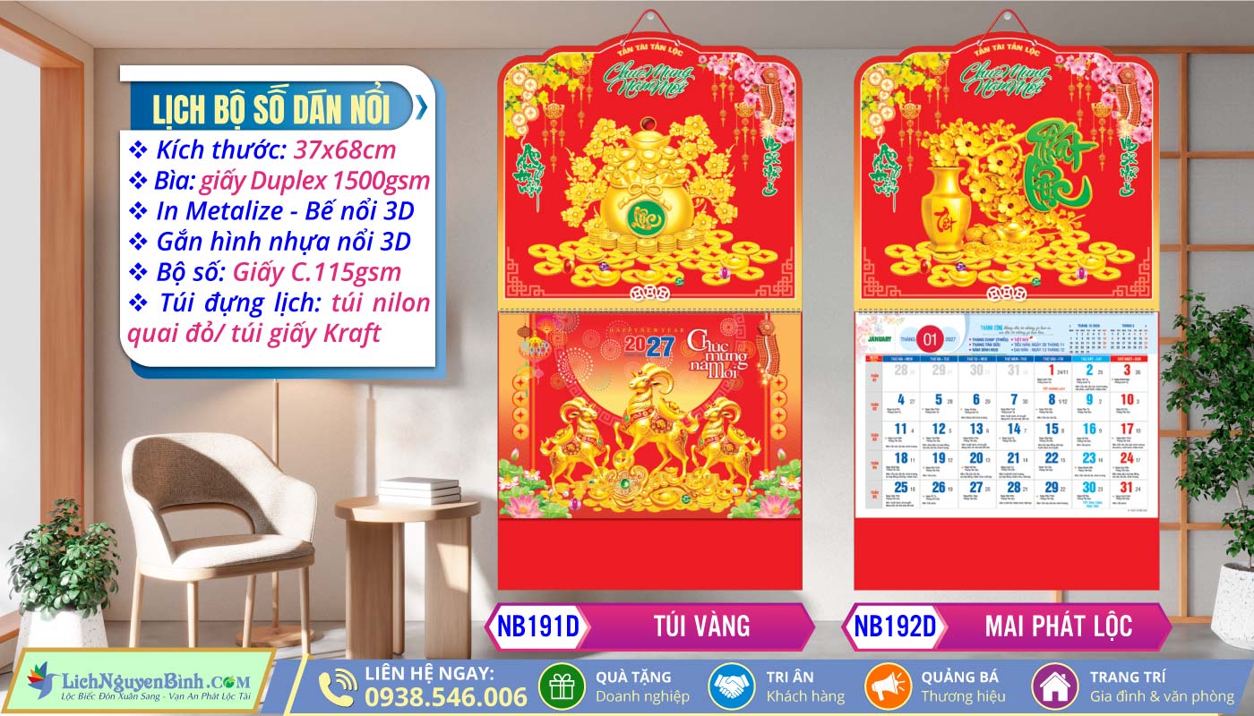 Lich Lò Xo Giữa Bộ Số Dán Nổi - NB191D - Túi Vàng + NB192D - Mai Phát Lộc