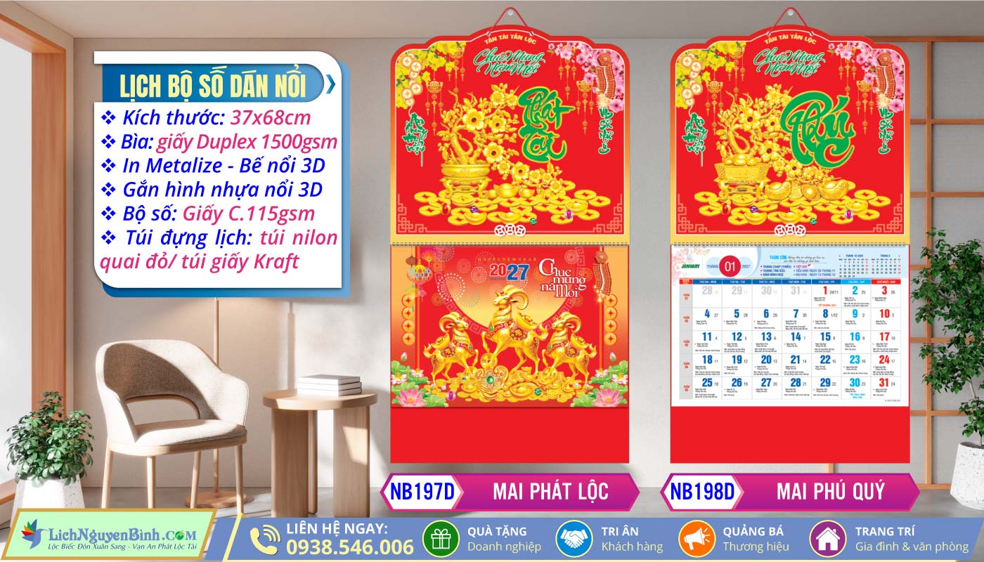 Lich Lò Xo Giữa Bộ Số Dán Nổi - NB197D - Mai Phát Lộc + NB198D - Mai Phú Quý